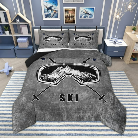 Manfei Ski Print Full Size Comforter Sets, Grunge Gray Bedding Comforter Set, Sports Theme Bedding Sets, Ultra Soft Home Decor Reversible 3pcs