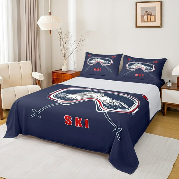 Manfei Ski Print Queen Sheet Sets, Navy Blue Flat Sheet, Sports Theme Queen Fitted Sheet, Microfiber Bedroom Decor 4-Piece