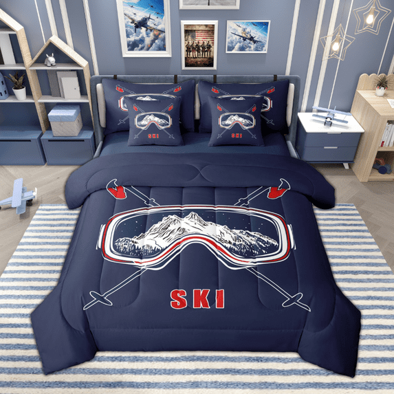 Manfei Ski Print Twin Bedding Sets 7pcs, Navy Blue Bedding Comforter Set, Sports Theme Sheet Sets, Microfiber Bedroom Decor