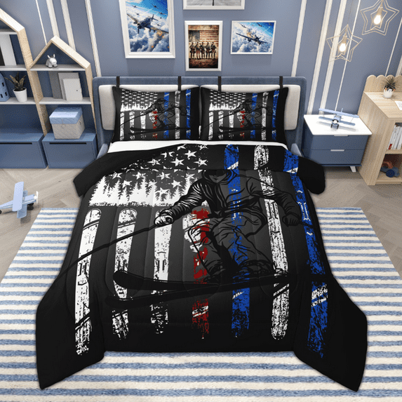 Manfei Skiing Theme Full Size Comforter Sets for Boys, Extreme Sport Bedding Comforter Set, Vintage American Flag Bedding Sets, Breathable Home Decor Reversible 3-Piece