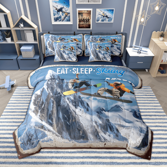 Manfei Skiing Theme Twin Bedding Sets 7pcs for Boys, Extreme Sport Bedding Comforter Set, Snow Mountain Sheet Sets, Microfiber Bedroom Decor