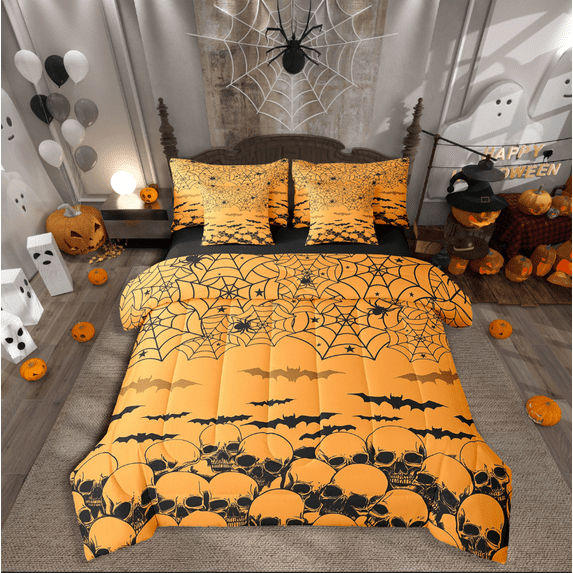 Manfei Skull Bat Bedding Sets Twin Size,Happy Halloween Comforter Sets with Sheets,Animal Spider Bed in a Bag Twin size,Breathable Abstract Room Decorative,Reversible,7-Piece