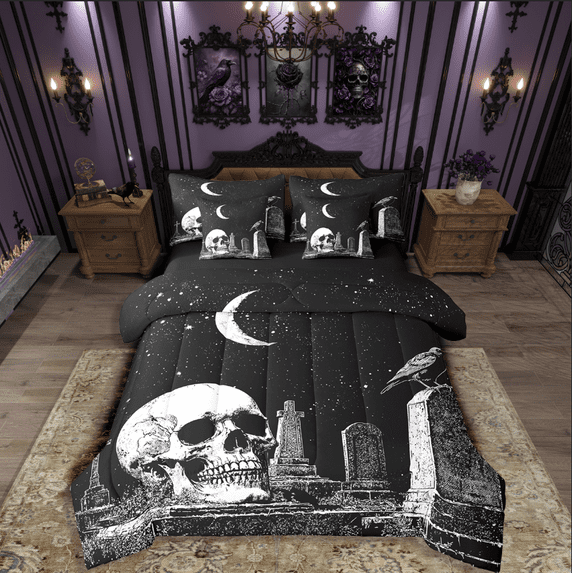 Manfei Skull Crow Bedding Sets Twin Size,Happy Halloween Comforter Sets with Sheets,Starry Sky Bed in a Bag Twin size,Ultra Soft Abstract Bedroom Decoration,Reversible,7-Piece