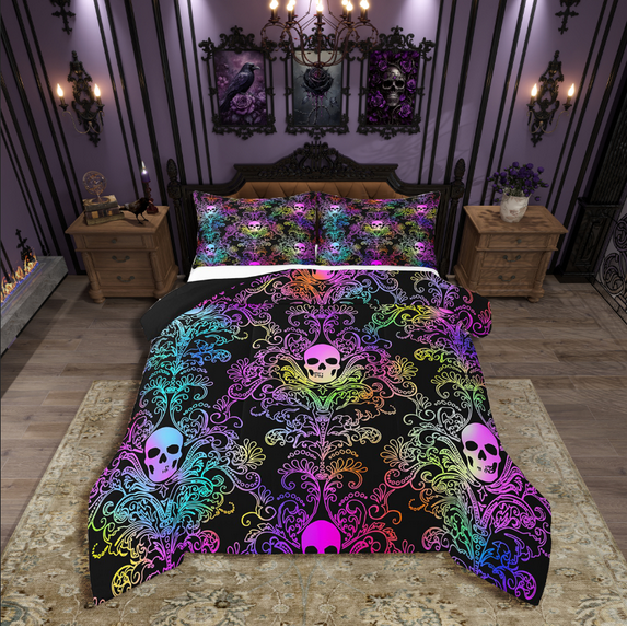 Manfei Skull Damask Bedding Twin Comforter Set,Happy Halloween Down Comforter,Exotic Style Bedding Sets Twin with Comforter,Microfiber Teens Bedroom Decor,Reversible,2-Piece