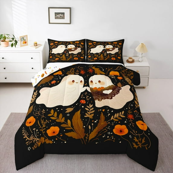 Manfei Skull Ghost Bedding Comforter Set, Flower Leaf Plant Down Comforter, Cartoon Theme Reversible Duvet Insert, Ultra Soft Bedroom Decoration, 2pcs