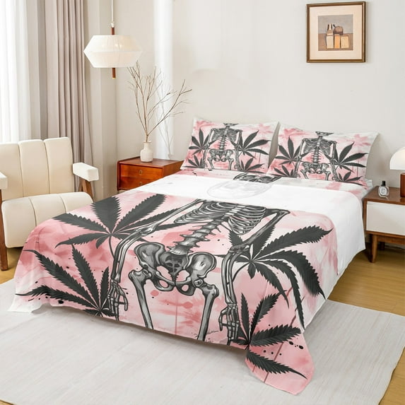 Manfei Skull Skeleton Child Queen Sheet Sets, Watercolor Tropic Leaf Flat and Fitted Sheet, Lightweight Room Decor, 4-Piece