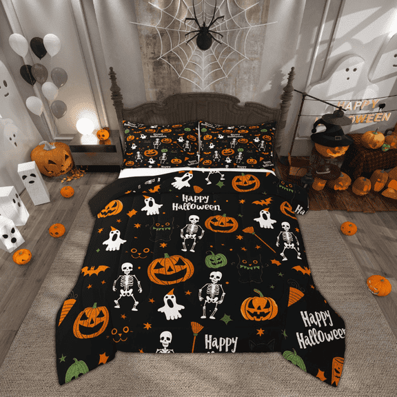 Manfei Skull Skeleton Comforter Sets Queen Size, Funny Pumpkin Down Comforter, Cartoon Halloween Reversible Bedding Queen Comforter Set, Lightweight Room Decoration, 3-Piece