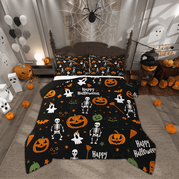 Manfei Skull Skeleton Comforter Sets Queen Size, Funny Pumpkin Down Comforter, Cartoon Halloween Reversible Bedding Queen Comforter Set, Lightweight Room Decoration, 3-Piece