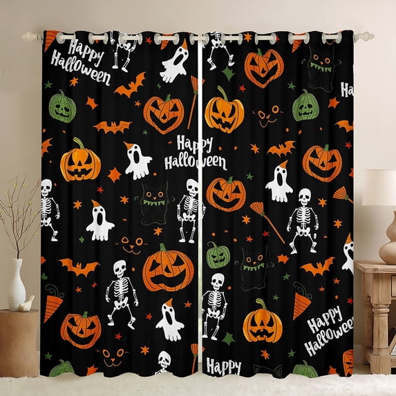 Manfei Skull Skeleton Curtains and Drapes (42x84), Funny Pumpkin Blackout Curtains for Bedroom, Cartoon Halloween Curtains for Living Room, Window Drapes Room Decoration
