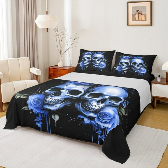 Manfei Skull Skeleton Queen Sheet Sets, Blue Rose Sheet Set Queen, Flower Floral Bed Sheets Set Queen Size, Lightweight Room Decor, 4 Pieces