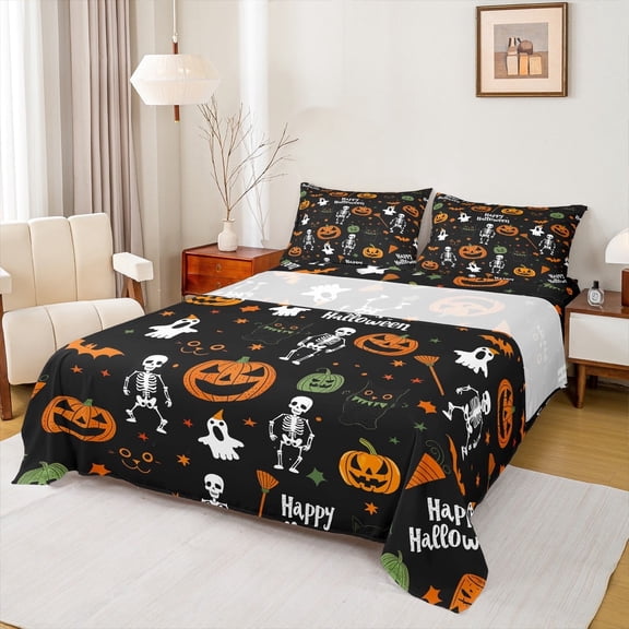 Manfei Skull Skeleton Twin Sheet Sets, Funny Pumpkin Bed Sheets Twin, Cartoon Halloween Bedding Sets Twin Size, Lightweight Room Decoration, 3-Piece
