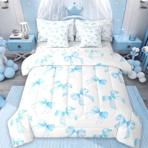 Manfei Sky Blue Bow 7 Pieces Bedding Comforter Set For Kids Girls,Cute Dreamy Princess Style Full Bedding Set Bow Pattern Comforter Reversible