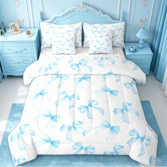 Manfei Sky Blue Bow 7pcs Bedding Comforter Set For Kids Girls,Cute Dreamy Princess Style Queen Bedding Sets Bow Pattern Comforter Reversible