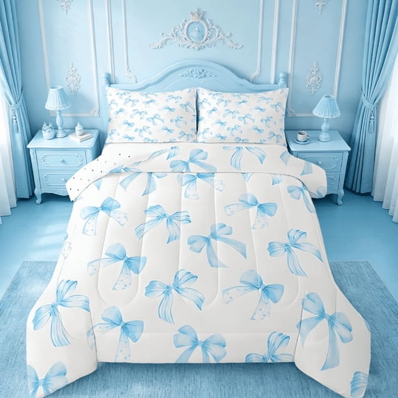 Manfei Sky Blue Bow Twin Comforter Sets For Kids Girls,Cute Dreamy Princess Style Bedding Set Bow Pattern Comforter Reversible 2 Pieces