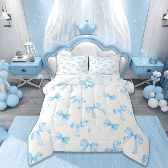Manfei Sky Blue Bow Twin Comforter Sets For Kids Girls,Cute Dreamy Princess Style Bedding Set Bow Pattern Comforter Reversible 2 Pieces