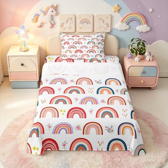 Manfei Sky Rainbow Twin Sheets, Botanical Flower Bedding, White Red, 3pcs, 1 Flat Sheet, 1 Fitted Sheet and 1 Pillowcase