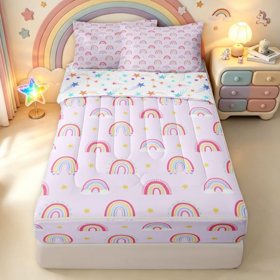 Manfei Sky Rainbow Zipper Full Size Comforter Sets with Fitted Sheet and 2 Pillowcases, Cartoon Star Cloud Zipper Bedding Set, Lavender, Stars Reversible, 4-Piece