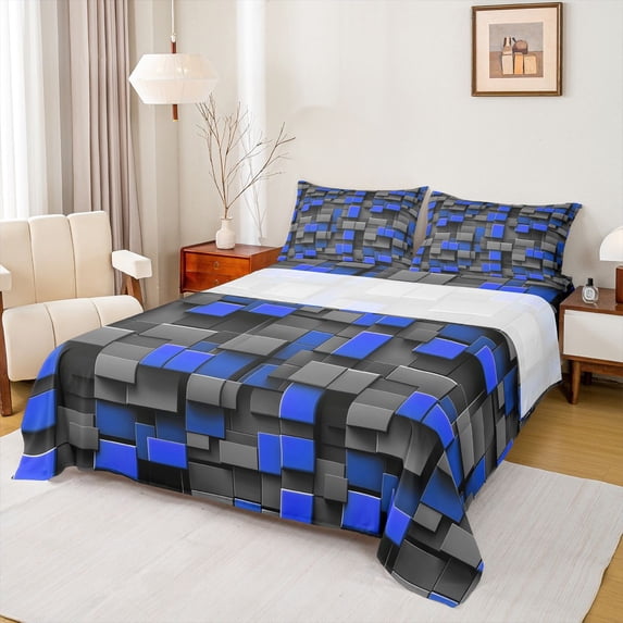 Manfei Sleek 3D Block Bed Sheets, Geometric Fuul Size Sheets, Gray Blue, Black Reversible 4-Piece1 Flat Sheet + 1 Fitted Sheet + 2 Pillowcases