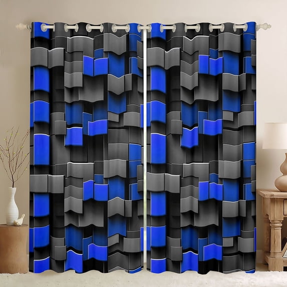 Manfei Sleek 3D Block Kitchen Curtains, Geometric Black Out Curtains Pack of 2 (42x63 Each), Gray Blue