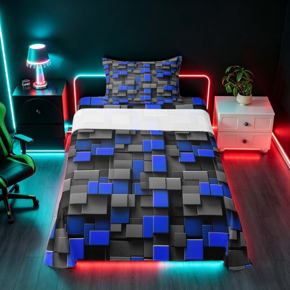 Manfei Sleek 3D Block Twin Sheets, Geometric Bedding, Gray Blue, Black Reversible 3-Piece1 Flat Sheet + 1 Fitted Sheet + 1 Pillowcase