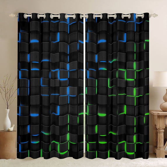 Manfei Sleek 3D Neon Blackout Curtains, Glowing Square Curtains Pack of 2 (42x84 Each), Black Blue Green