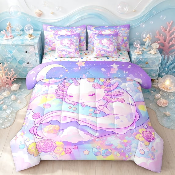 Manfei Sleeping Axolotl Twin Bedding, Dreamy Moon Cloud Bedding Comforter Set, Pastel Purple, Stars Reversible, 7 Pieces