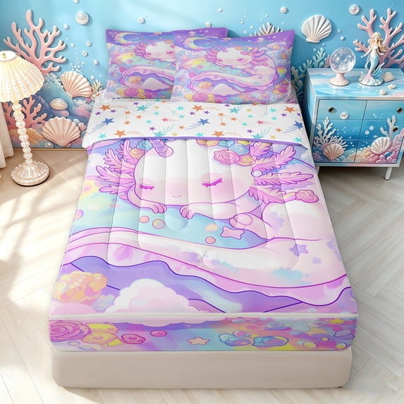 Manfei Sleeping Axolotl Zipper Twin Comforter Sets with Fitted Sheet and 2 Pillowcases, Dreamy Moon Cloud Zipper Bedding Set, Pastel Purple, Stars Reversible, 4 Pieces