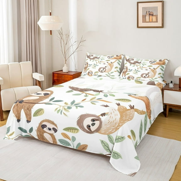 Feelyou Sloth Bed Sheets for Teens, Leaf Plant Botanical King Sheets, Cartoon Theme Sheet Set, Ultra Soft Bedroom Decoration, 4pcs