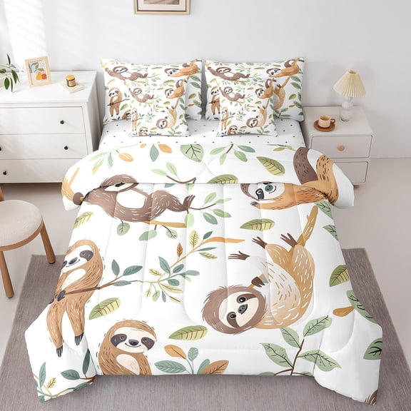 Feelyou Sloth Bedding Comforter Set 7-Piece for Teens, Leaf Plant Botanical King Bedding Sets, Cartoon Theme Bed Sheets, Ultra Soft Bedroom Decoration