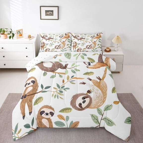 Feelyou Sloth Queen Comforter Set for Teens, Leaf Plant Botanical Bedding Sets, Cartoon Theme Bedding Comforter Set, Ultra Soft Bedroom Decoration, 3pcs