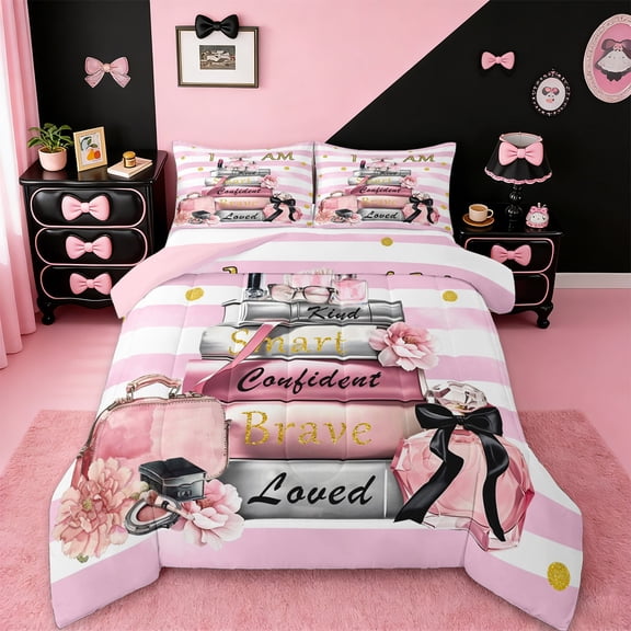 Manfei Smart Perfume Bedding Comforter Set,Romantic Flower Floral Twin Comforter Sets,White Pink Striped Bedding Set For Girls Kids,Luxury Bedroom Decor Reversible,2-Piece