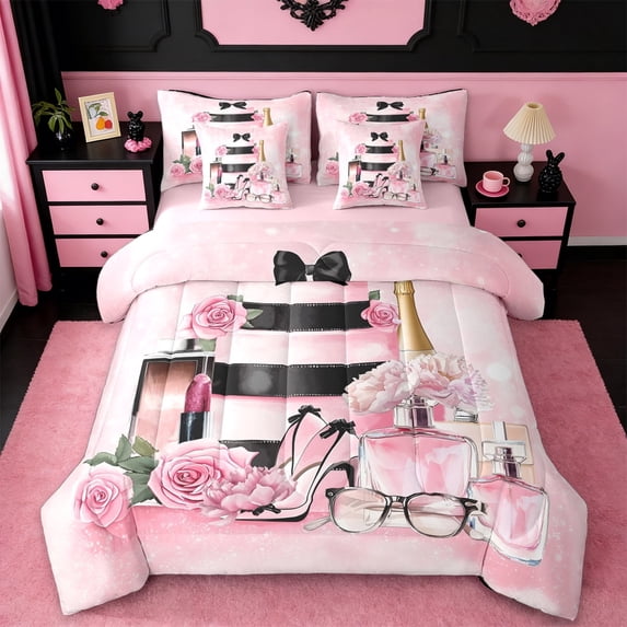Manfei Smart Perfume Lipstick Bedding Comforter Set 7 Pieces,Pink Flower Floral Full Bedding Set,Fashion High Heels Fitted Sheet Flat Sheet For Child,Microfiber Bedroom Decor,Reversible