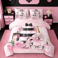 thumbnail image 1 of Manfei Smart Perfume Lipstick Bedding Comforter Set 7pcs,Pink Flower Floral Queen Bedding Sets,Fashion High Heels Queen Sheet Sets For Child,Microfiber Bedroom Decor,Reversible, 1 of 8