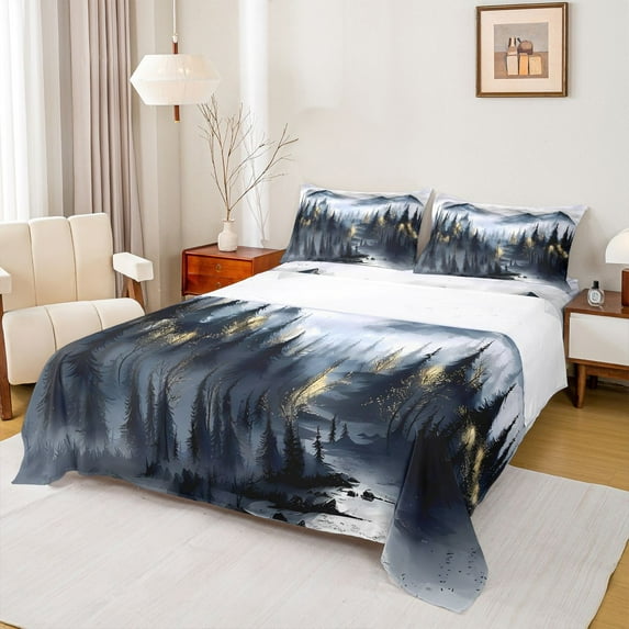 Manfei Smoky Jungle 4pcs Bed Sheets for Female Men Women,Woodland Tree King Sheets,Botanical Plants Super Cozy Sheet Set,Ultra Soft Home Decor