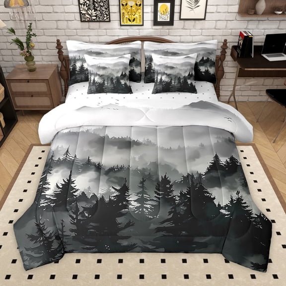 Manfei Smoky Jungle 7-Piece Bedding Comforter Set for Female Men Women,Woodland Tree King Bedding Sets,Botanical Plants Ultra Soft Bed Sheets,Ultra Soft Home Decor,Reversible