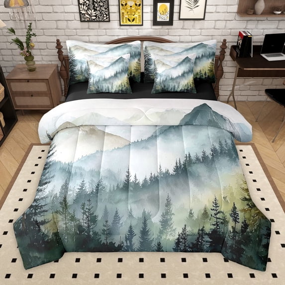 Manfei Smoky Jungle 7-Piece Twin Bedding Sets for Female Men Women,Woodland Tree Bedding Comforter Set,Botanical Plants Breathable Sheet Sets,Ultra Soft Home Decor,Reversible