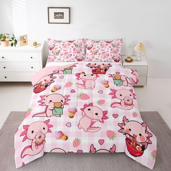 Manfei Snack Print Queen Comforter Set,Cute Axolotl Comforter Sets Queen For Girls,Pink White,Pink Reversible,3pcs,1 Comforter and 2 Pillowcases