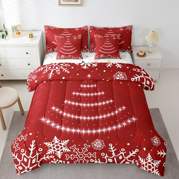 Manfei Snawflake 7-Piece Twin Bedding Sets,Merry Christmas Bedding Comforter Set,Red White Sheet Sets For Children,Super Cozy Room Decor Reversible