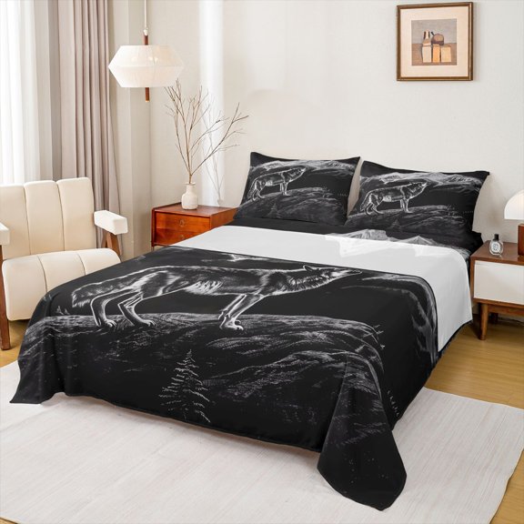 Manfei Snow Mountain Range Queen Sheets,Black Wolf Queen Sheet Sets,4pcs,1 Flat Sheet, 1 Fitted Sheet and 2 Pillowcases
