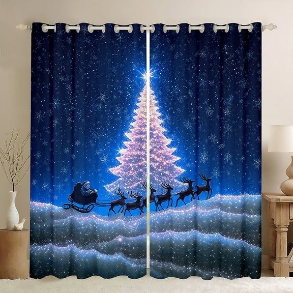 Manfei Snowflake Xmas Tree Black Out Curtains for Kids, Magical Santa Claus Curtains Pack of 2 (42x63 Each), Blue Dreamy Christmas Reindeer Bedroom Curtains, Window Curtains Bedroom Decor