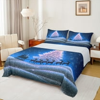 Manfei Snowflake Xmas Tree Twin Sheet Sets for Kids, Magical Santa Claus Twin Fitted Sheet, Blue Dreamy Christmas Reindeer Flat Sheet, Luxury Bedroom Decor, 3 Pieces
