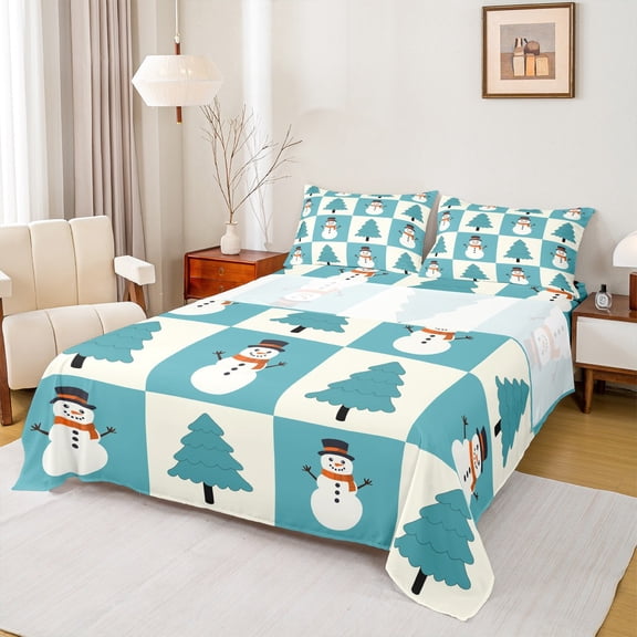 Manfei Snowman Plaid Twin Sheet Sets 3 Pieces for Girls, Teal Christmas Tree Twin Fitted Sheet, Merry Xmas Flat Sheet, Luxury Bedroom Decor