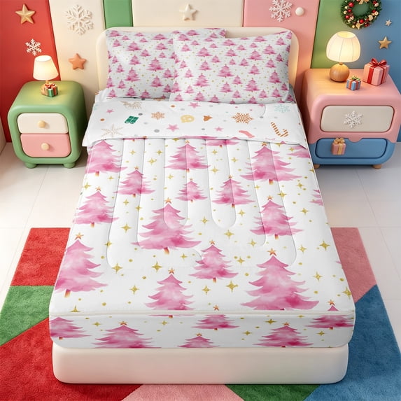 Manfei Snowy Christmas Animals Zipper Twin Comforter Sets with Fitted Sheet and 2 Pillowcases,Merry Xmas Zipper Bedding Set,Xmas Reversible,4pcs