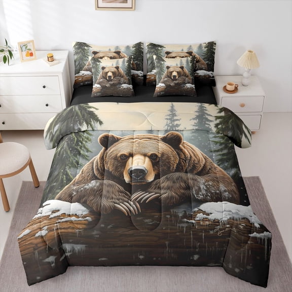 Manfei Snowy Woodland 7-Piece Twin Bedding,Wild Bear Bedding Comforter Set,Brown Green,Black Reversible