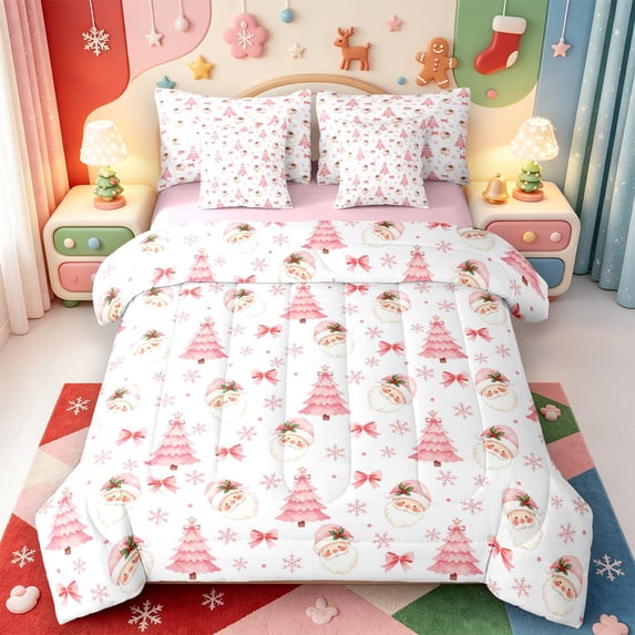 Manfei Snowy Xmas Pink Christmas 7-Piece Twin Bedding,Winter Holiday Bedding Comforter Set,Pink Reversible