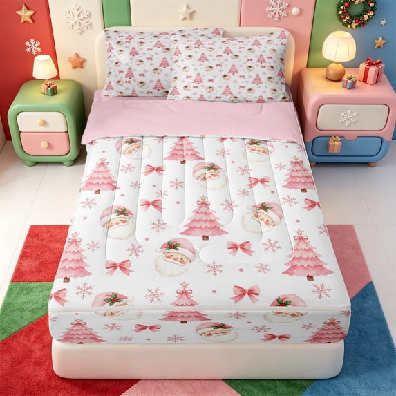 Manfei Snowy Xmas Pink Christmas Zipper Twin Comforter Sets with Fitted Sheet and 2 Pillowcases,Winter Holiday Zipper Bedding Set,Pink Reversible,4 Pieces