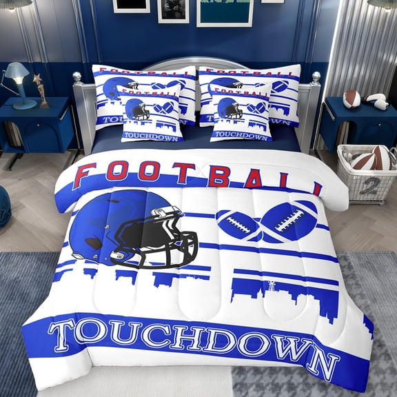 Manfei Soccer Athlete Helmet Twin Bedding Sets 7-Piece, White Blue Rugby Print Bedding Comforter Set, Modern Sports Theme Reversible Sheet Sets, Super Cozy Room Decor
