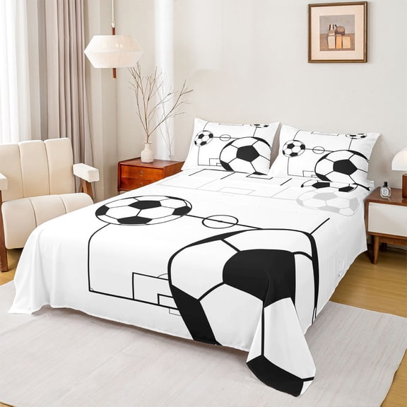 Manfei Soccer Ball Game 3pcs Twin Sheet Sets for Children Teens Boys,Sport Theme Twin Fitted Sheet,Black White Breathable Flat Sheet,Ultra Soft Home Decor