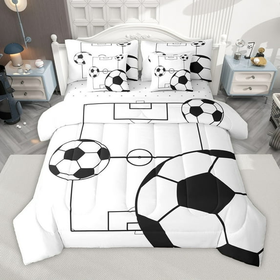 Manfei Soccer Ball Game 7-Piece Bedding Comforter Set for Children Teens Boys,Sport Theme King Bedding Sets,Black White Ultra Soft Bed Sheets,Ultra Soft Home Decor,Reversible