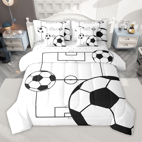 Manfei Soccer Ball Game 7-Piece Twin Bedding Sets for Children Teens Boys,Sport Theme Bedding Comforter Set,Black White Breathable Sheet Sets,Ultra Soft Home Decor,Reversible